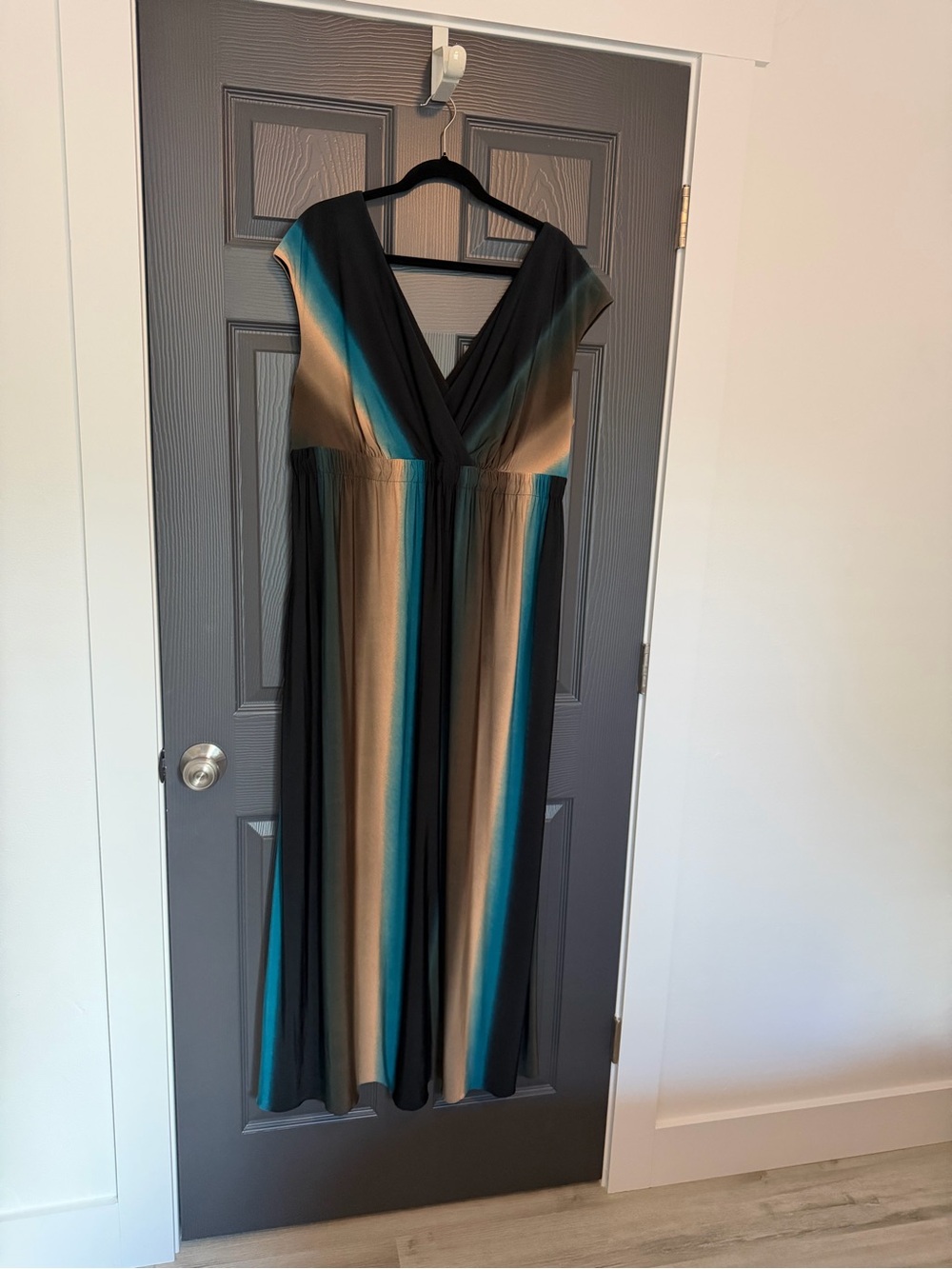 Adrianna Papell Teal, Black, and Tan Striped V-Neck Maxi Dress